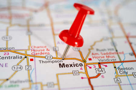 Bangkok, Thailand, June 1, 2020 Mexico, USA road map with red pushpin, city in the United States of America USA.のeditorial素材