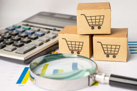 hopping cart logo on box with magnifying glass on graph background. Banking Account, Investment Analytic research data economy, trading, Business import export transportation online company concept.の写真素材