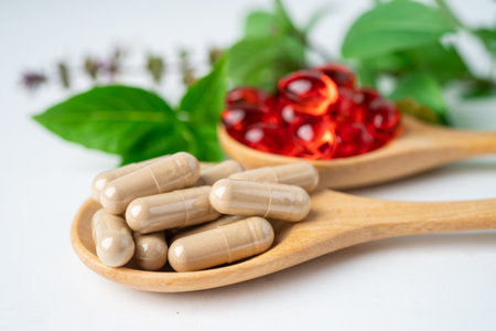 Alternative medicine herbal organic capsule with vitamin E omega 3 fish oil, mineral, drug with...