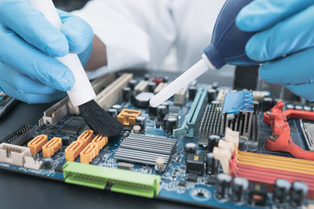 Technician use brush and air blower ball to clean dust in circuit board computer. Repair upgrade and...