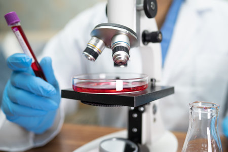 Scientist holding and analysis tube of micro biological sample outbreak infectious in laboratory for...