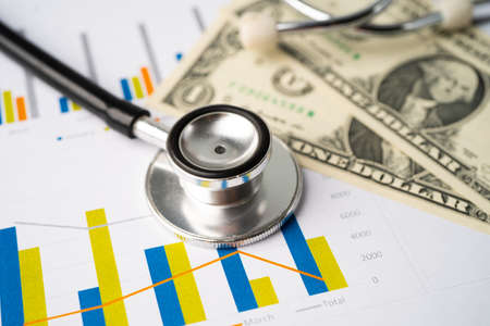 Stethoscope and US dollar banknotes on chart or graph paper, Financial, account, statistics and...