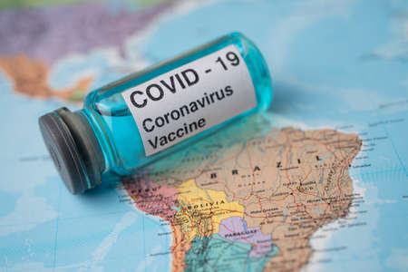 Bangkok, Thailand - March 1, 2021, Coronavirus Covid-19 vaccine on Brazil map, development medical for doctor use to treat pneumonia illness patients.のeditorial素材