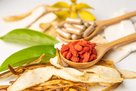 Chinese herb medicine with goji berries for good healthy.の写真素材
