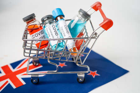 Novel Coronavirus Covid-19 vaccine in shopping cart on United Kingdom flag.の写真素材