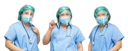 Asian doctor wearing face shield and PPE suit new normal to check patient protect safety infection  ...