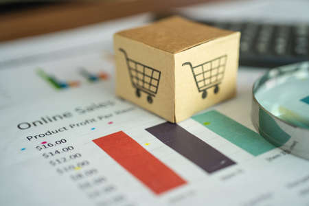Shopping cart logo on box with magnifying glass on graph background. Banking Account, Investment Analytic research data economy, trading, Business import export transportation online company concept.の写真素材