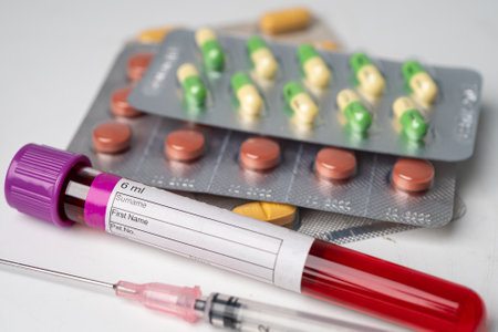 Pills drug colourful capsule in blister pack, medicine in pharmacy.の写真素材