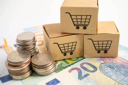 Shopping cart logo on box with US dollar banknotes, Banking Account, Investment Analytic research...