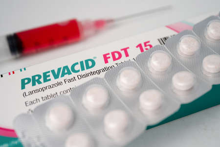 Bangkok, Thailand, October 1, 2020 Prevacid, Lansoprazole, medication which reduces stomach acid, treat peptic ulcer disease.のeditorial素材