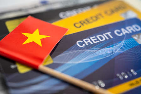 Vietnam flag on credit card. Finance development, Banking Account, Statistics, Investment Analytic research data economy, Stock exchange trading, Business company concept.の写真素材