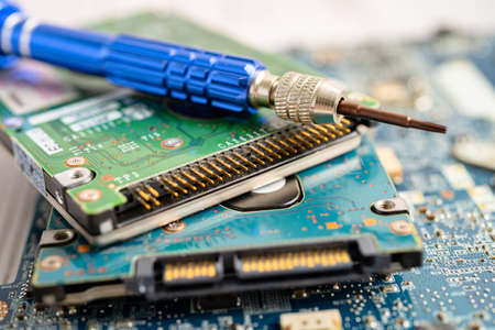 micro circuit main board computer electronic technology, hardware, mobile phone, upgrade, cleaning concept.の写真素材