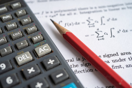 Pencil and calculator on mathematic formula exercise test paper in education school.の写真素材
