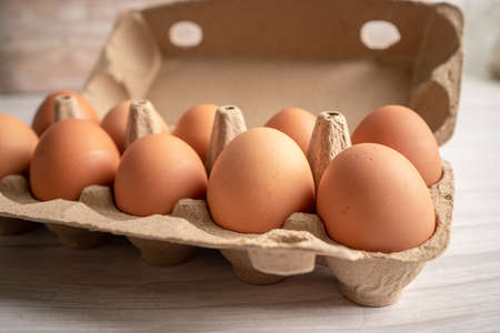 Organic fresh eggs in cardboard container pack, organic healthy food.の写真素材