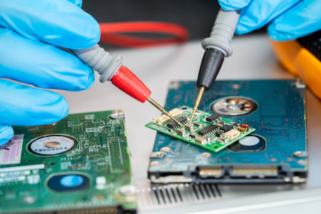 Technician repairing inside of mobile phone by soldering iron. Integrated Circuit. the concept of...