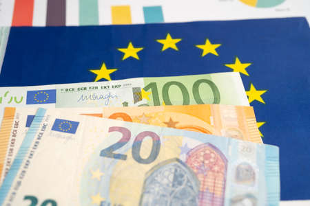 EU banknotes money on flag in europe , Business and finance concept.の写真素材