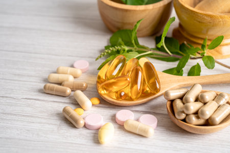 Alternative medicine herbal organic capsule drug with herbs leaf natural supplements for healthy good life.の写真素材