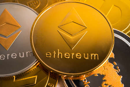 Gold ethereum or electronic worldwide exchange virtual money, blockchain, cryptocurrency online...