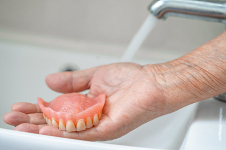 Asian senior or elderly old woman patient holding and washing denture in nursing hospital ward; healthy strong medical conceptの写真素材