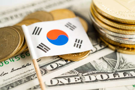 Stack of coins money with Korea flag, finance banking concept.の写真素材