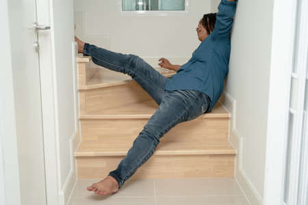 Asian lady woman patient fall down the stairs because slippery surfaces
