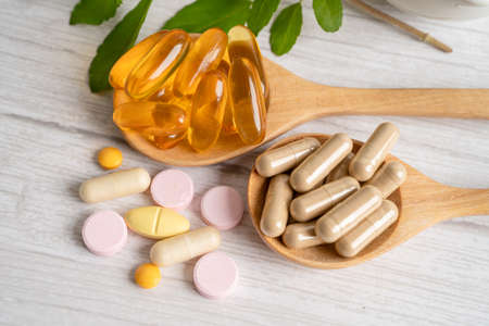 Alternative medicine herbal organic capsule drug with herbs leaf natural supplements for healthy...