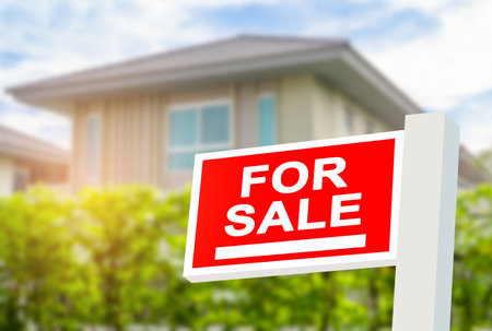 For sale house sign, real estate residence purchase payment, home loan concept.の写真素材
