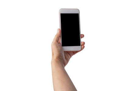 Lady woman hand holding mobile phone isolated on white background