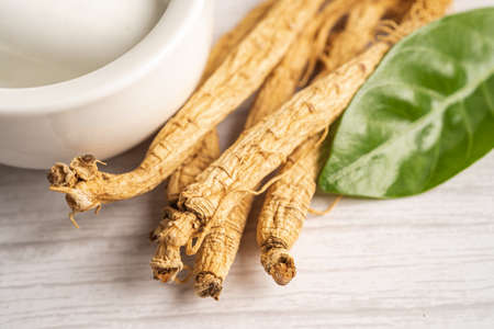 Ginseng, dried vegetable herb. Healthy food famous export food in Korea country.の写真素材