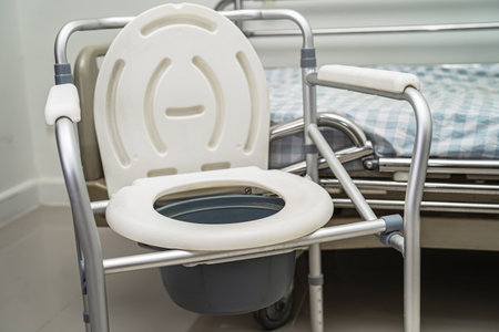 Flush toilet and shower chair in bathroom for old elder people.