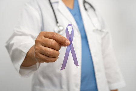 Asian woman doctor with purple ribbon, sign of Alzheimer disease day, Pancreatic cancer, Epilepsy, Lupus.の写真素材
