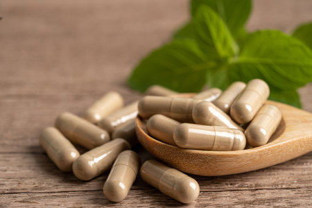 Alternative medicine herbal organic capsule with vitamin E omega 3 fish oil, mineral, drug with herbs leaf natural supplements for healthy good life.の写真素材