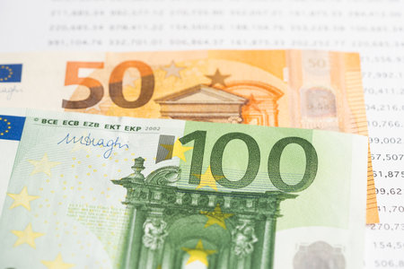 Euro banknotes on spreadsheet paper, Banking Account, Investment Analytic research data economy, trading, Business company concept.の写真素材