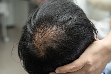 Bald in the middle head and begin no loss hair glabrous of mature Asian business smart active office man.の写真素材