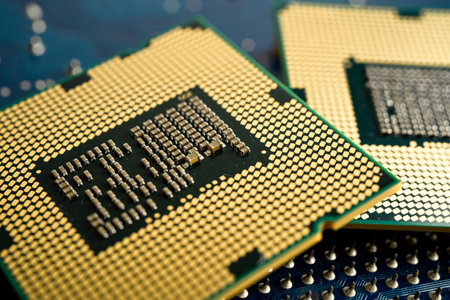 CPU, central processor unit chip Chip on circuit board in PC and laptop computer technology.