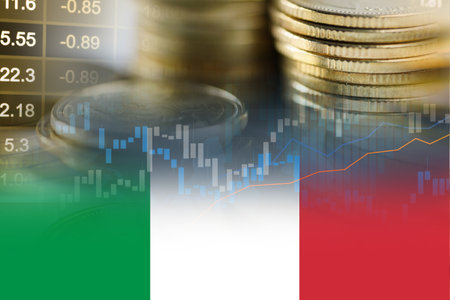 Stock market investment trading financial, coin and Italy flag or Forex for analyze profit finance business trend data background.の写真素材
