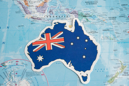 Bangkok, Thailand - February 1, 2022 Australia flag on world map background.のeditorial素材