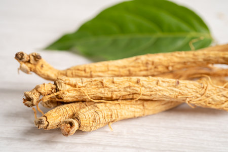 Ginseng, dried vegetable herb. Healthy food famous export food in Korea country.の写真素材