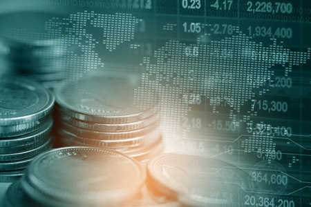 Stock market investment trading financial, coin and graph chart or Forex for analyze profit finance business trend data background.の写真素材