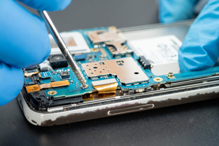 technician repairing inside of hard disk by soldering iron. Integrated Circuit. the concept of data,...