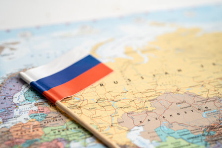 Bangkok, Thailand - February 1, 2022 Russia flag on world map background.のeditorial素材
