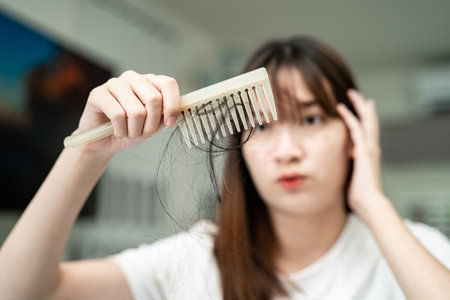 Asian woman have problem with long hair loss attach to comb brush.の写真素材