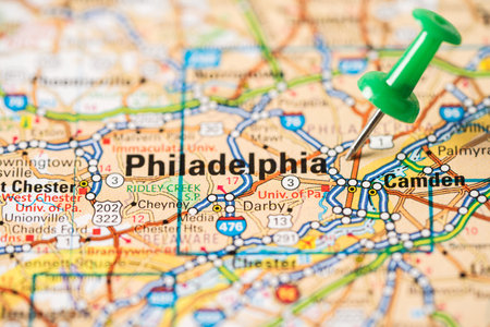 Bangkok, Thailand, June 1, 2022 Philadelphia, road map with green pushpin, city in the United States of America USA.のeditorial素材