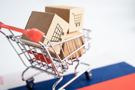 Box with shopping cart logo and Russia flag, Import Export Shopping online or eCommerce finance delivery service store product shipping, trade, supplier concept.の写真素材