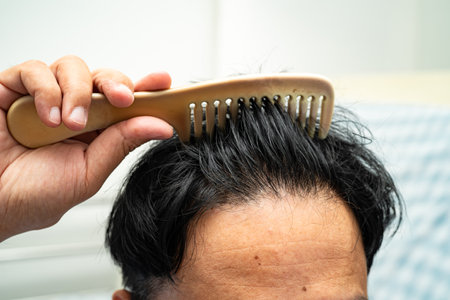 Bald at front of head and begin no loss hair glabrous of mature Asian business smart active office man.の写真素材