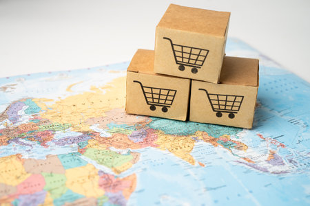Bangkok Thailand, January 20, 2022 Shopping cart logo on box on world globe map background. Banking...