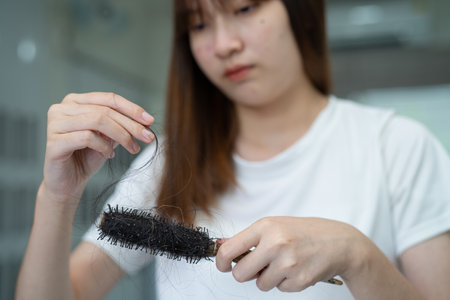 Asian woman have problem with long hair loss attach to comb brush.の写真素材