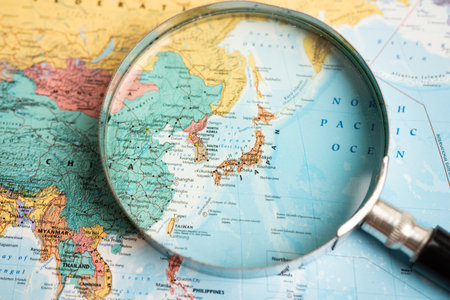 Bangkok, Thailand February 7, 2022, Japan flag on world map background.のeditorial素材