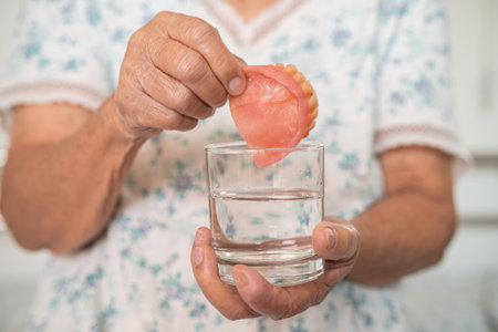 Asian senior woman patient holding and washing denture in water cleanser glass for good chewing.の写真素材