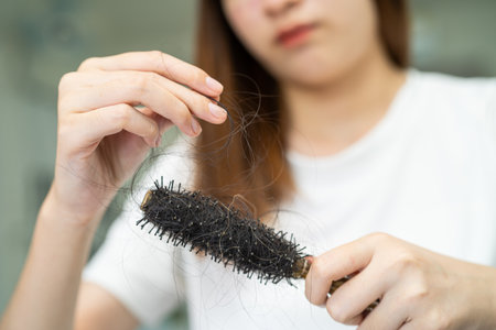 Asian woman have problem with long hair loss attach to comb brush.の写真素材